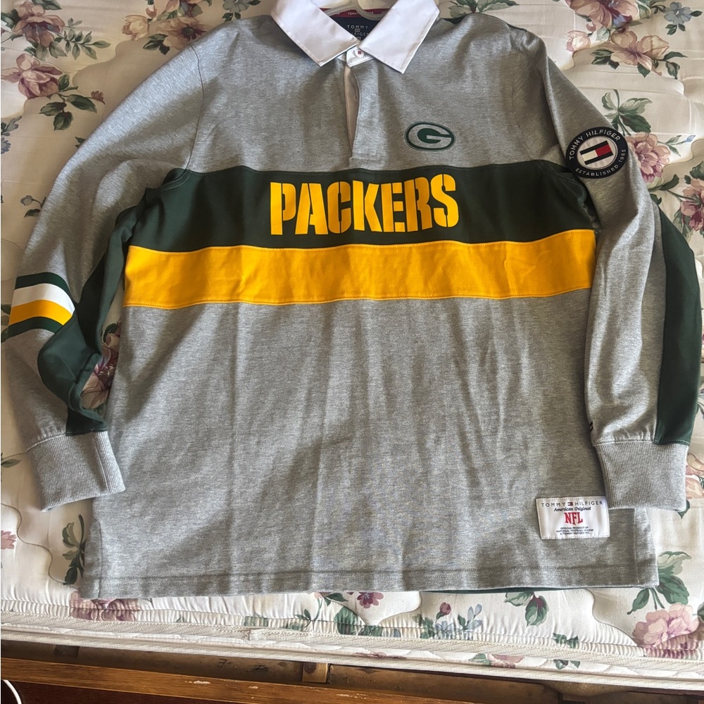 Men's Green Bay Packers Tommy Hilfiger Gray/Green Rugby Long Sleeve Polo